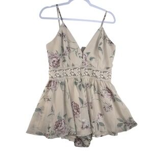 Windsor Floral Chiffon Romper Beige Mauve Crochet Lace Waist Boho V-Neck Short